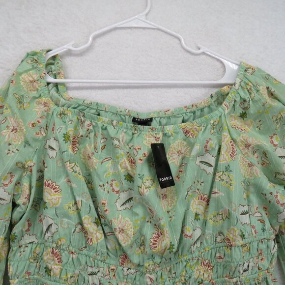 Torrid Shirt Womens Size 1X Floral Peasant Top Green Floral Long Sleeve New - Picture 2 of 9